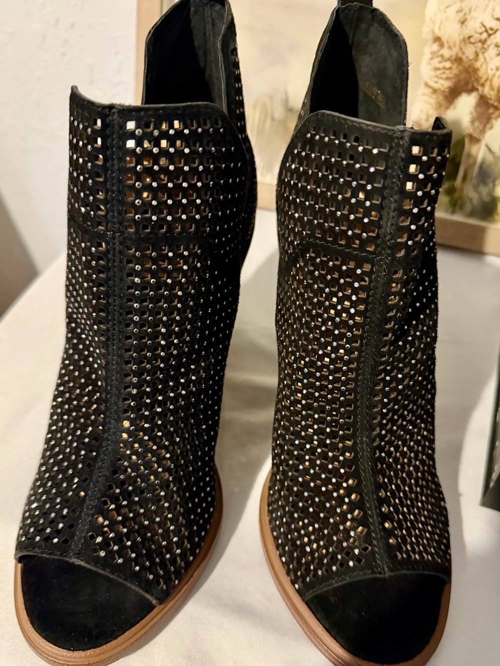Vince Camuto Black Studded Open-Toe Suede Ankle Booties NWOB
